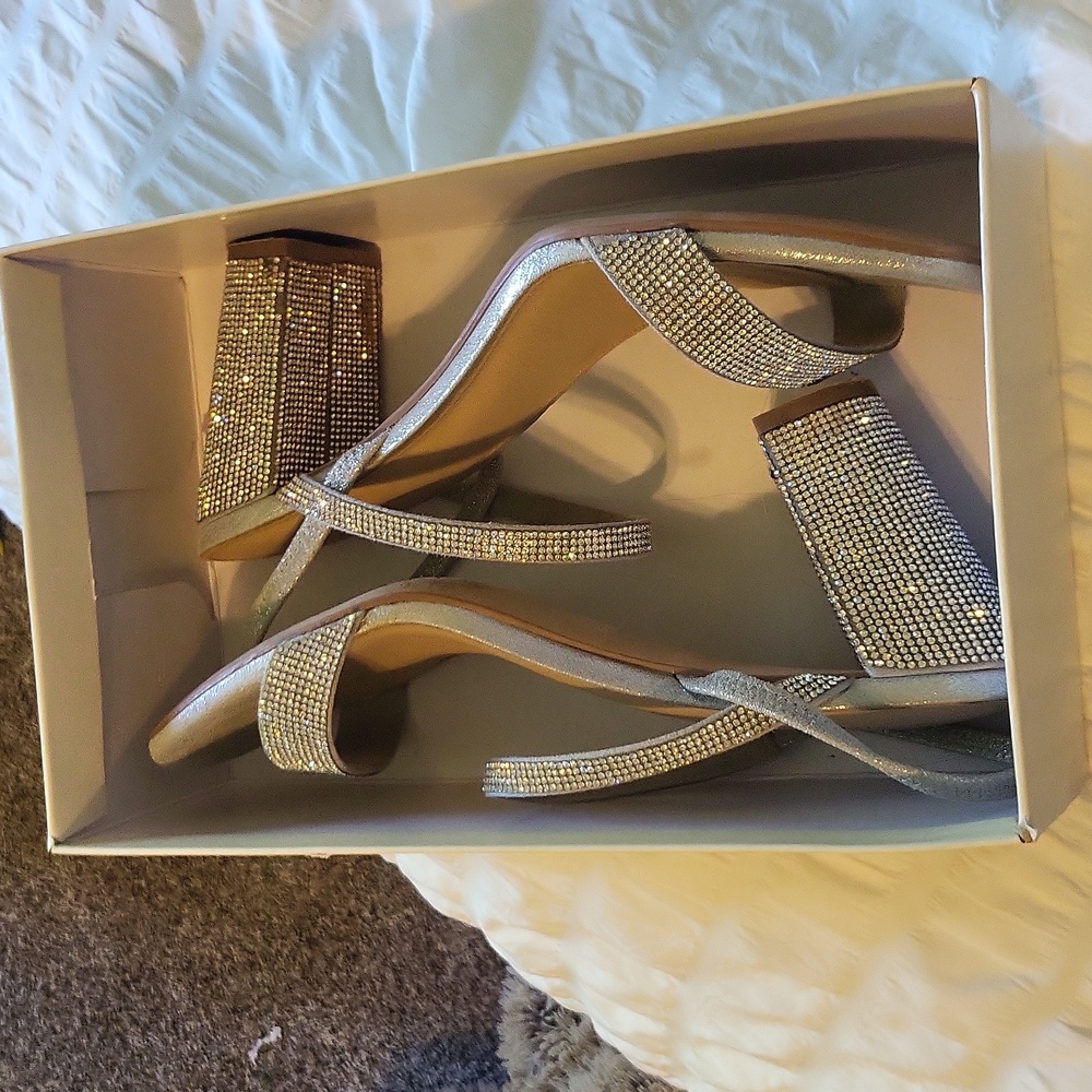 Silver rhinestone heels